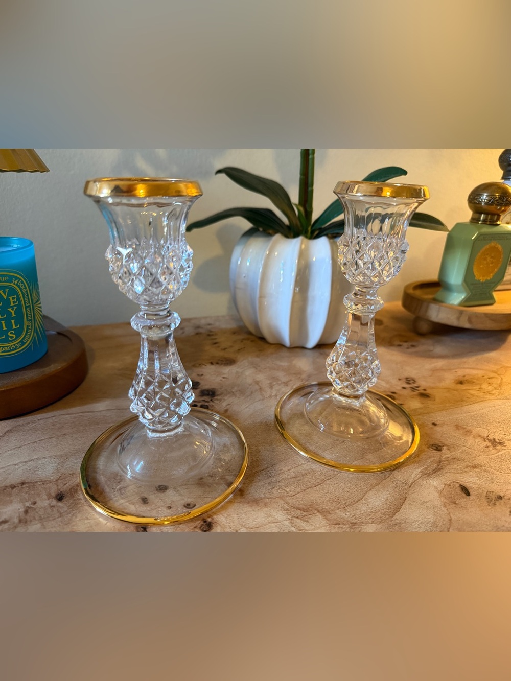 Cristal Candlestick Pair with Gold Trim and crystal cut design